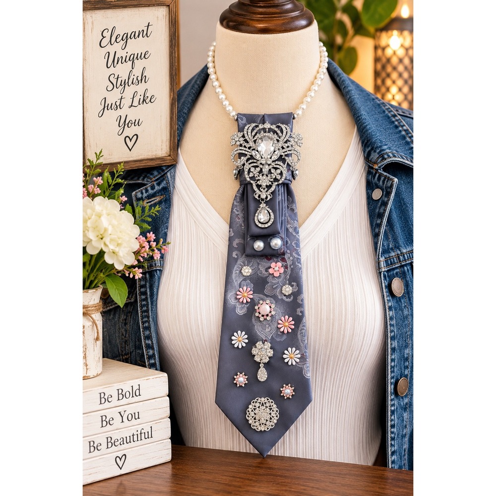 Windridge Upcycled Necktie Necklace Grey Paisley Crystal Pearl Floral Statement